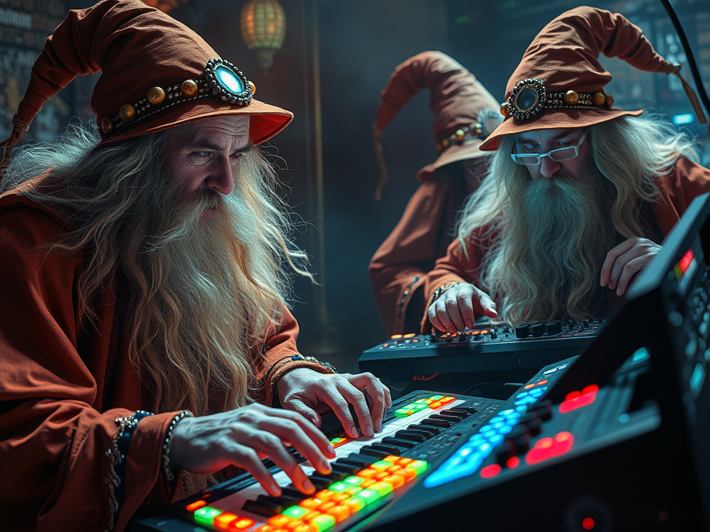 AI image of wizards playing synthesizers.